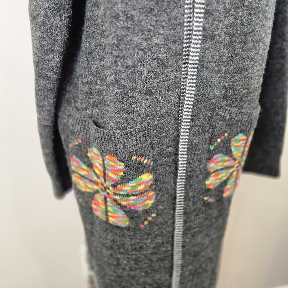 Irish 4 Leaf Clover Open Cardigan Long Gray Hooded Wool Pockets XL LAGENLOOK - Picture 3 of 11